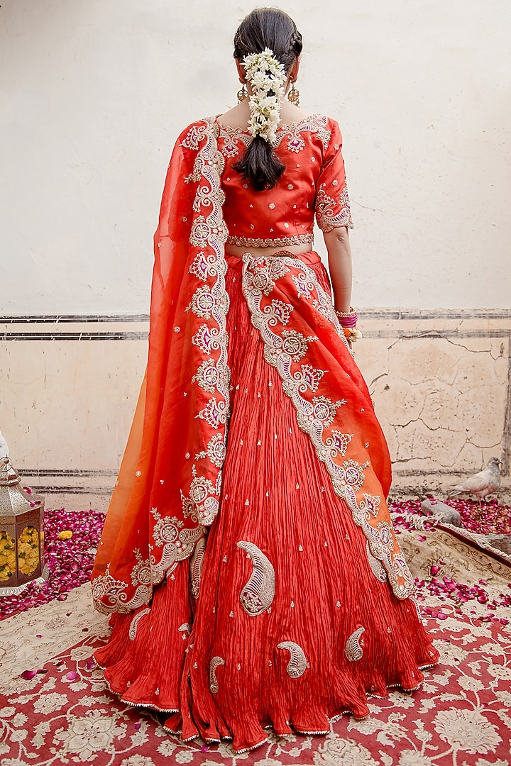 Orange Pure Silk Embroidered Crush Wedding Lehenga Set by SURBHI SHAH at Pernia's Pop Up Shop