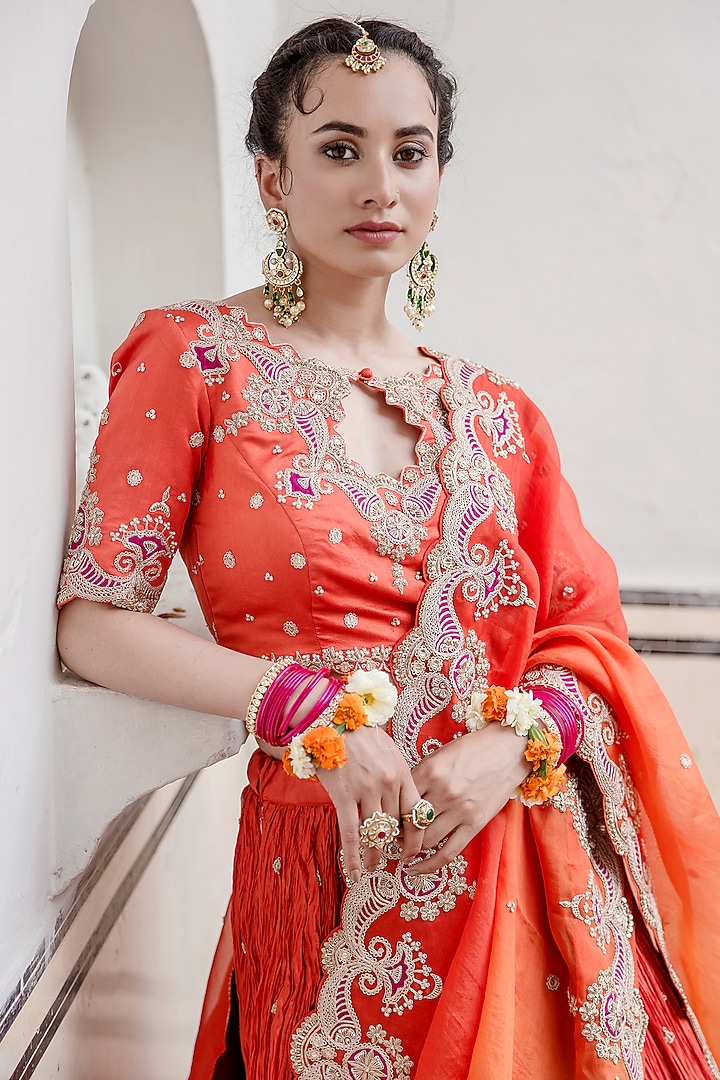 Orange Pure Silk Embroidered Crush Wedding Lehenga Set by SURBHI SHAH at Pernia's Pop Up Shop