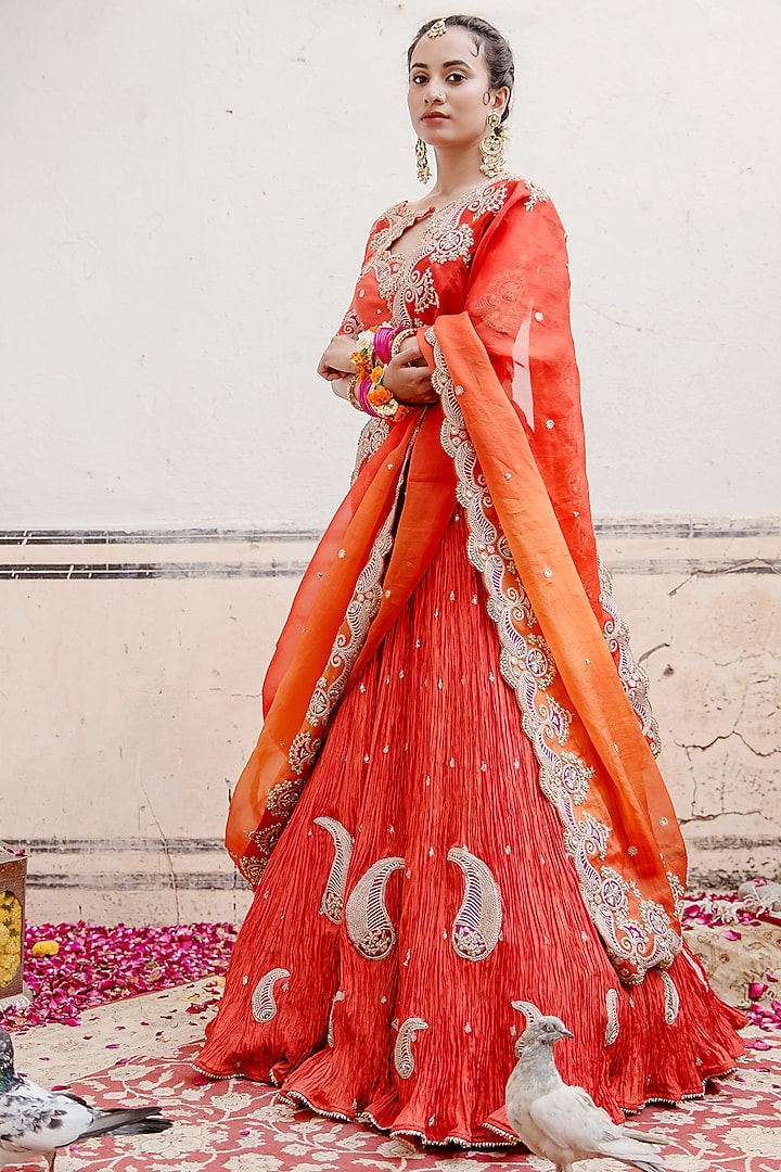 Orange Pure Silk Embroidered Crush Wedding Lehenga Set by SURBHI SHAH at Pernia's Pop Up Shop