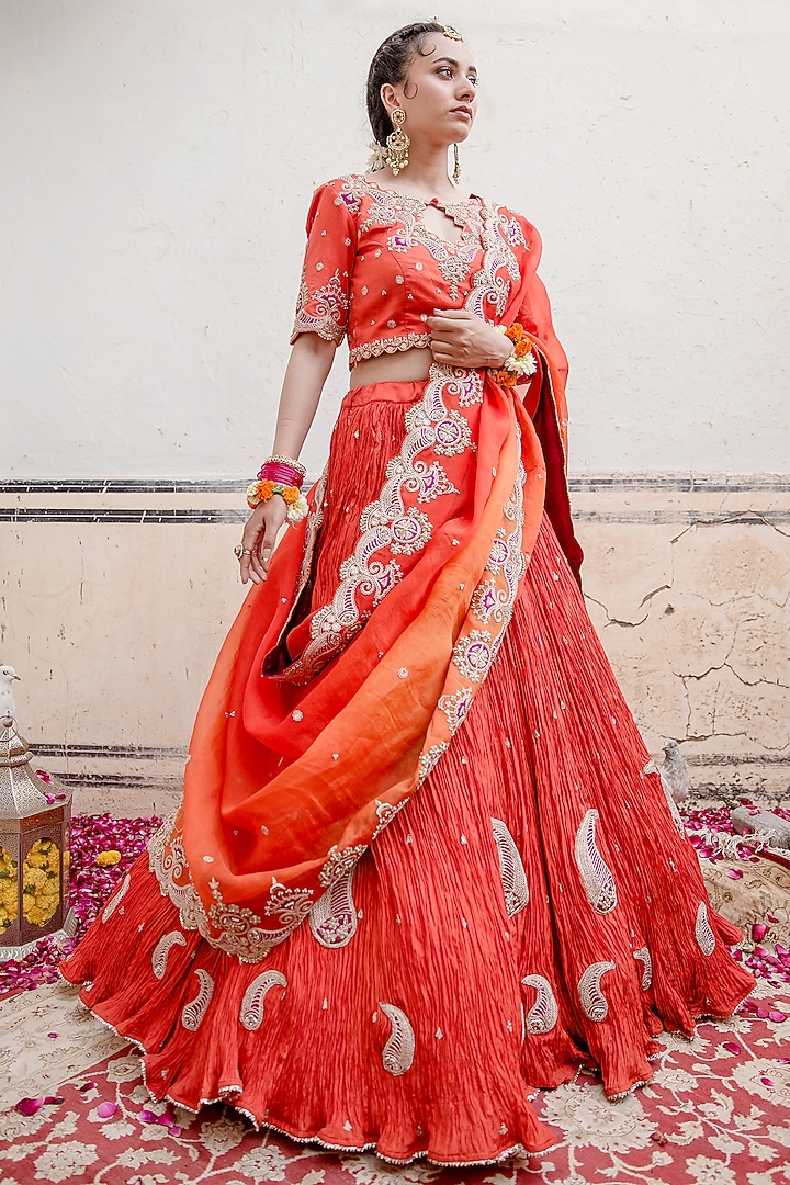 Orange Pure Silk Embroidered Crush Wedding Lehenga Set by SURBHI SHAH at Pernia's Pop Up Shop