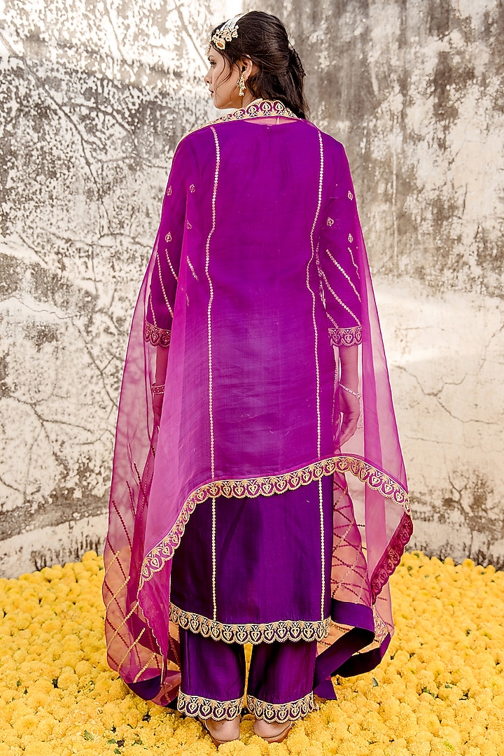 Purple Magenta Pure Spun Silk Embroidered Kurta Set by SURBHI SHAH at Pernia's Pop Up Shop