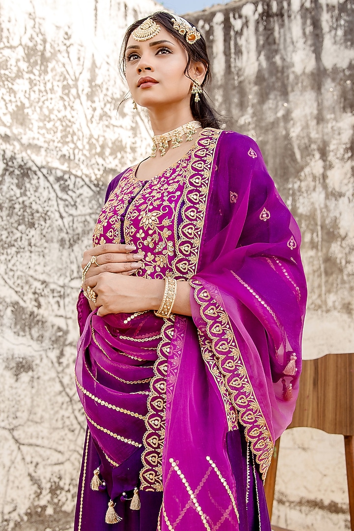Purple Magenta Pure Spun Silk Embroidered Kurta Set by SURBHI SHAH at Pernia's Pop Up Shop
