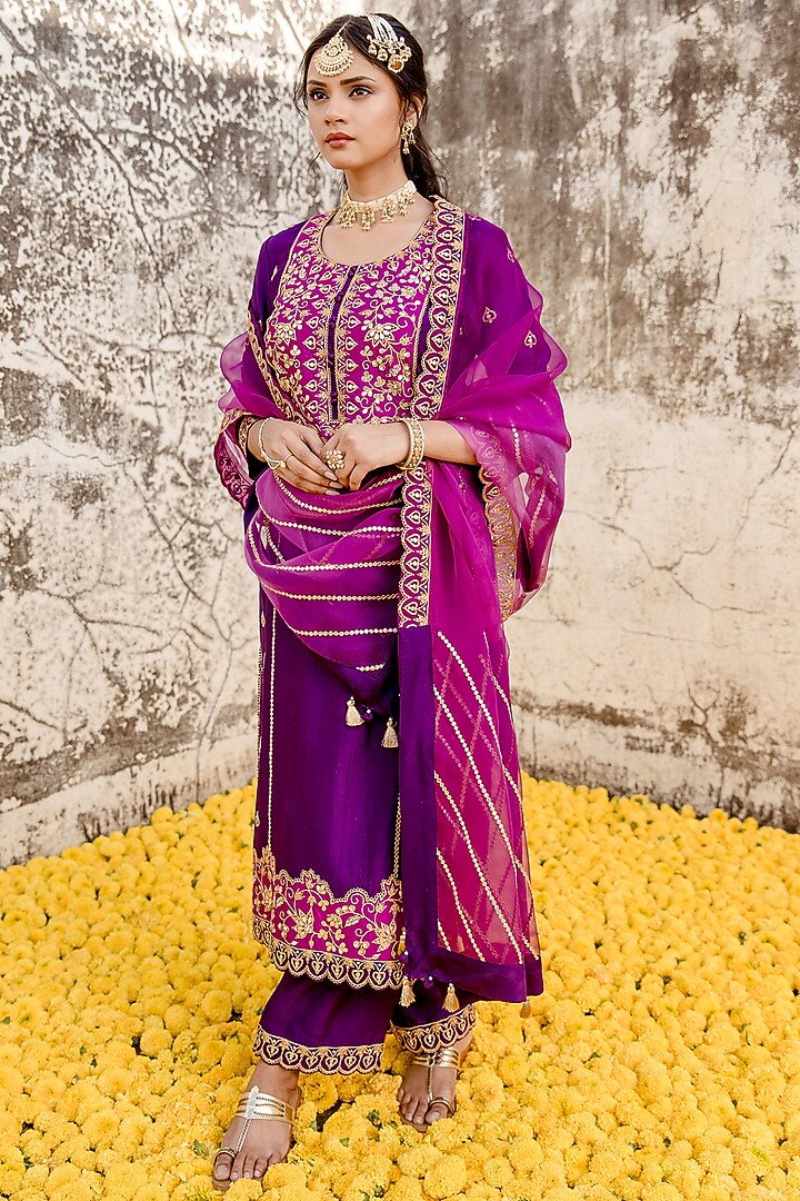 Purple Magenta Pure Spun Silk Embroidered Kurta Set by SURBHI SHAH at Pernia's Pop Up Shop