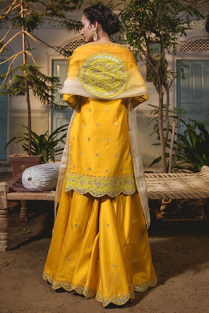 Mango Yellow Pure Spun Silk Wedding Sharara Set by SURBHI SHAH at Pernia's Pop Up Shop