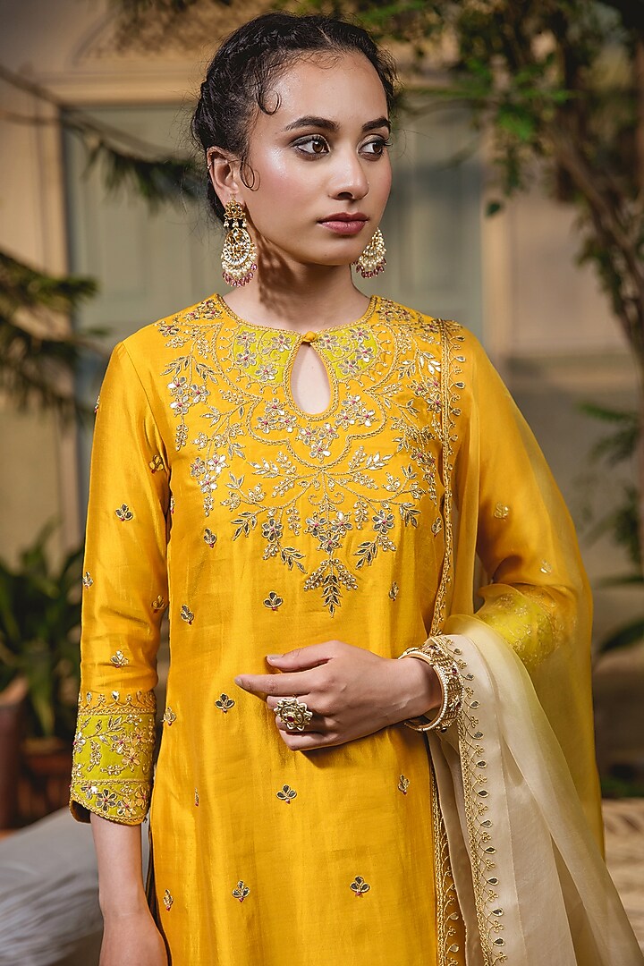 Mango Yellow Pure Spun Silk Wedding Sharara Set by SURBHI SHAH at Pernia's Pop Up Shop