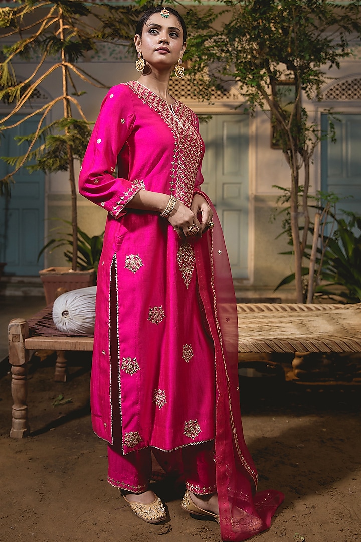 Hot Pink Pure Spun Silk Embroidered Kurta Set by SURBHI SHAH