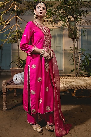 Hot Pink Pure Spun Silk Embroidered Kurta Set by SURBHI SHAH