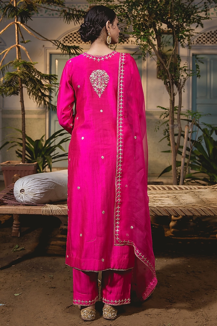 Hot Pink Pure Spun Silk Embroidered Kurta Set by SURBHI SHAH at Pernia's Pop Up Shop