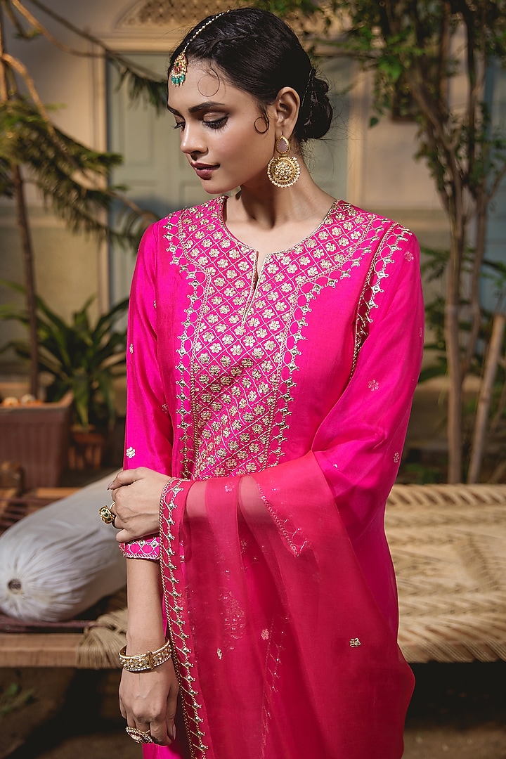 Hot Pink Pure Spun Silk Embroidered Kurta Set by SURBHI SHAH at Pernia's Pop Up Shop