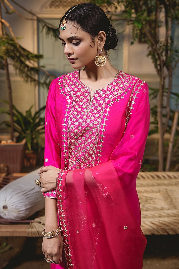 Hot Pink Pure Spun Silk Embroidered Kurta Set by SURBHI SHAH at Pernia's Pop Up Shop
