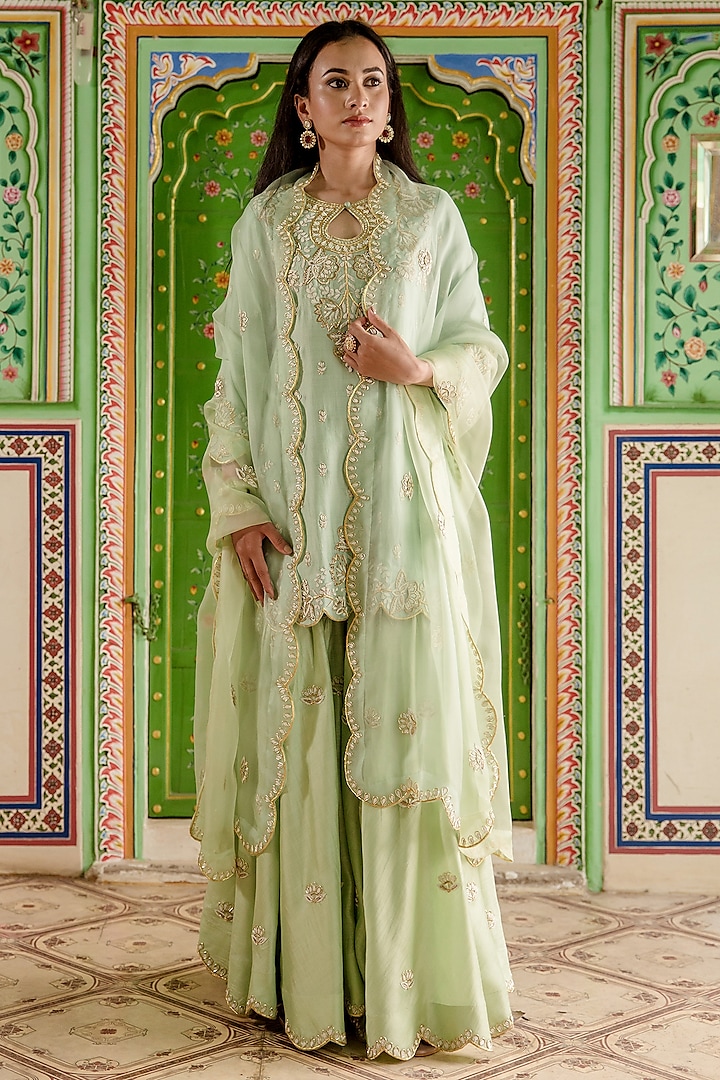 Powder Green Spun Silk Sharara Set by SURBHI SHAH