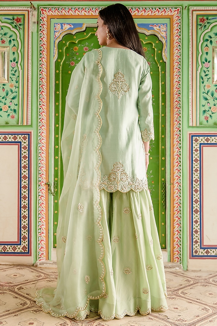 Powder Green Spun Silk Wedding Sharara Set by SURBHI SHAH at Pernia's Pop Up Shop
