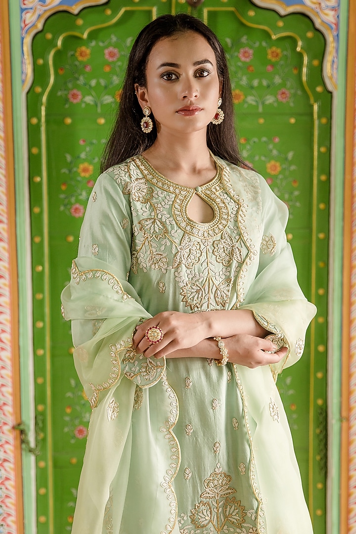 Powder Green Spun Silk Wedding Sharara Set by SURBHI SHAH at Pernia's Pop Up Shop