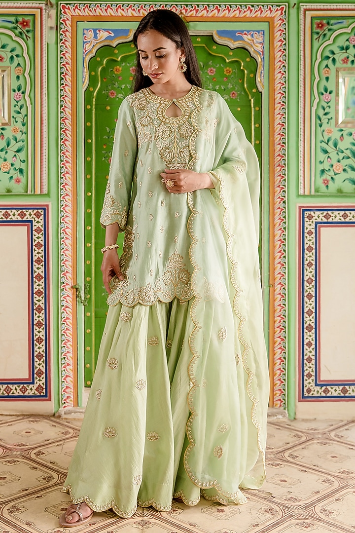 Powder Green Spun Silk Wedding Sharara Set by SURBHI SHAH at Pernia's Pop Up Shop