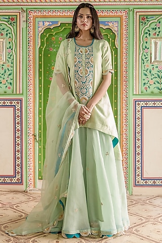 Powder Green Spun Silk Sharara Set by SURBHI SHAH