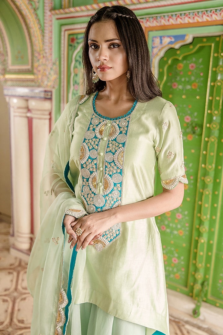 Powder Green Spun Silk Wedding Sharara Set by SURBHI SHAH at Pernia's Pop Up Shop