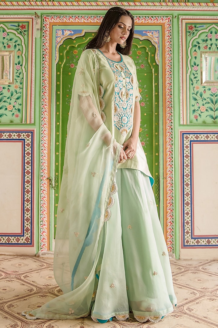 Powder Green Spun Silk Wedding Sharara Set by SURBHI SHAH at Pernia's Pop Up Shop