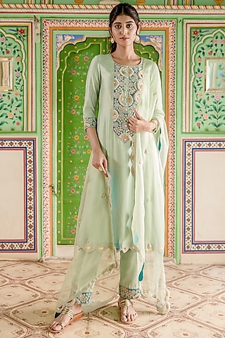Powder Green Pure Spun Silk Embroidered A-Line Kurta Set by SURBHI SHAH