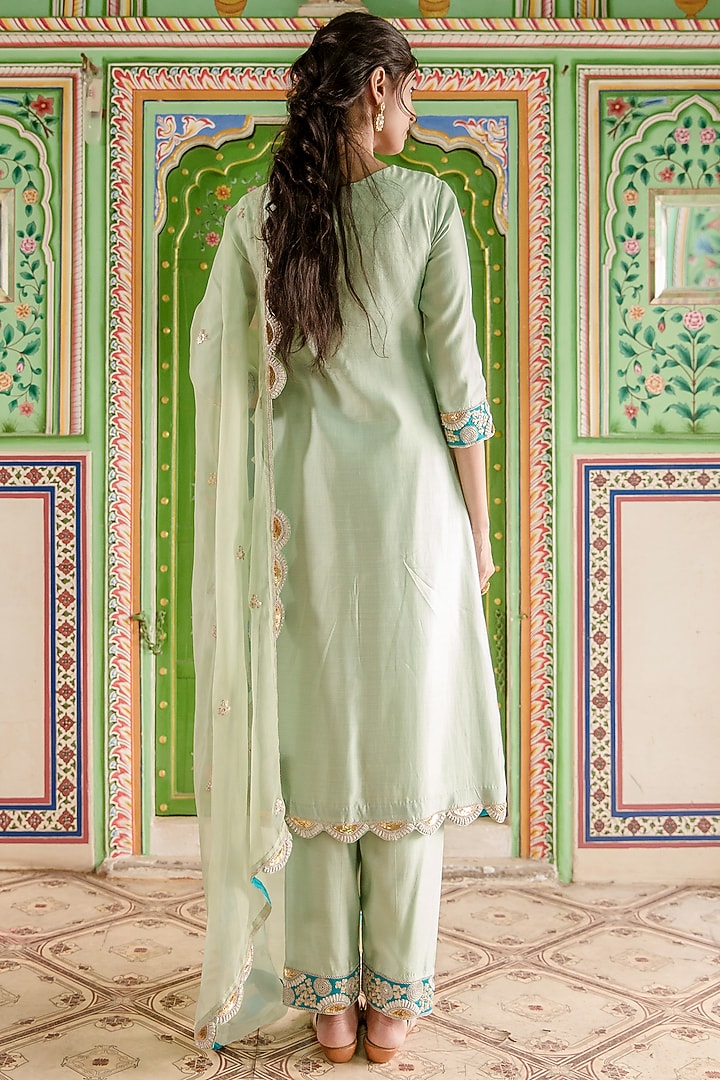 Powder Green Pure Spun Silk Embroidered A-Line Kurta Set by SURBHI SHAH at Pernia's Pop Up Shop