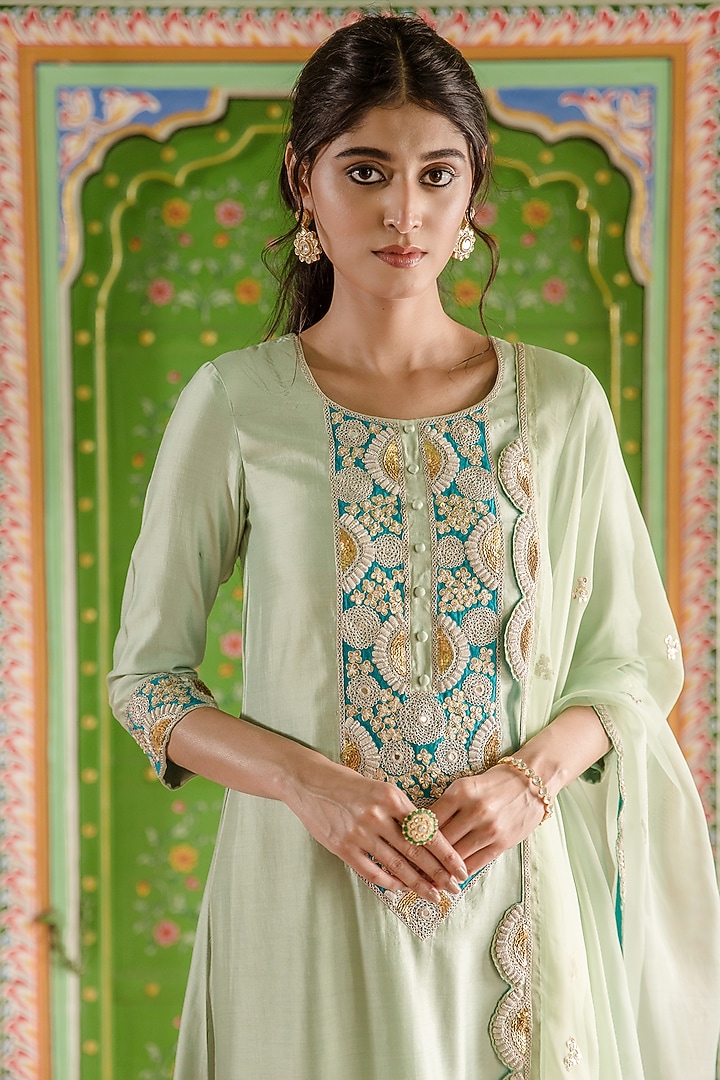 Powder Green Pure Spun Silk Embroidered A-Line Kurta Set by SURBHI SHAH at Pernia's Pop Up Shop