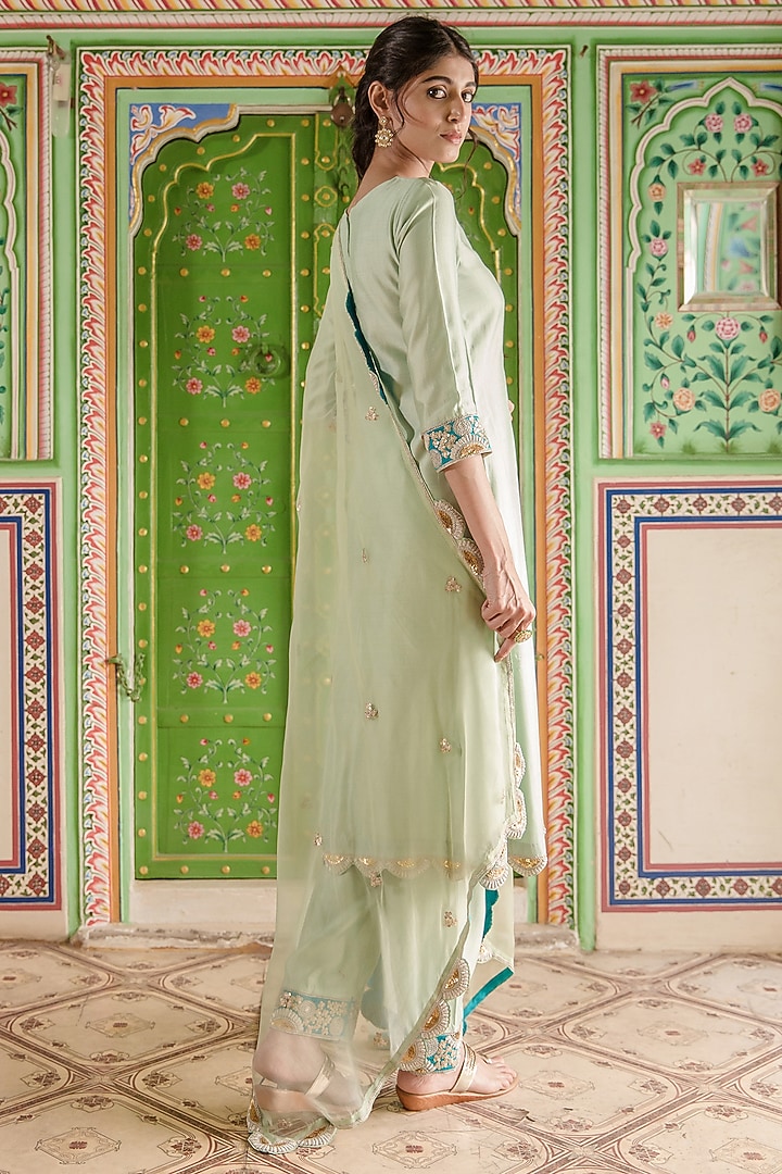 Powder Green Pure Spun Silk Embroidered A-Line Kurta Set by SURBHI SHAH at Pernia's Pop Up Shop