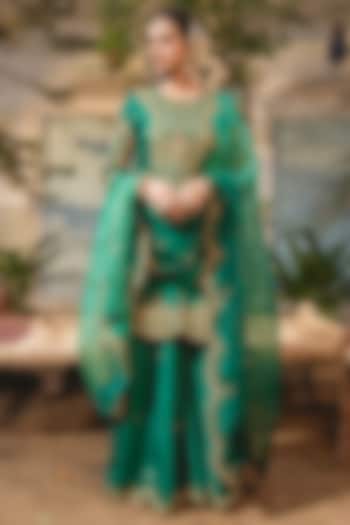 Emerald Green Pure Spun Silk Sharara Set by SURBHI SHAH