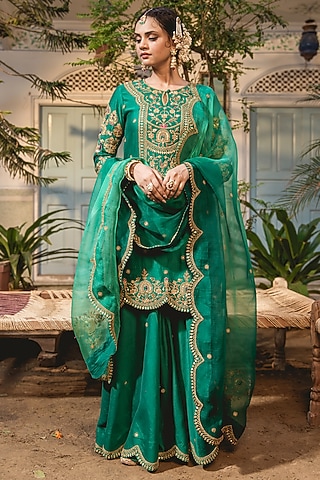 Emerald Green Pure Spun Silk Sharara Set by SURBHI SHAH