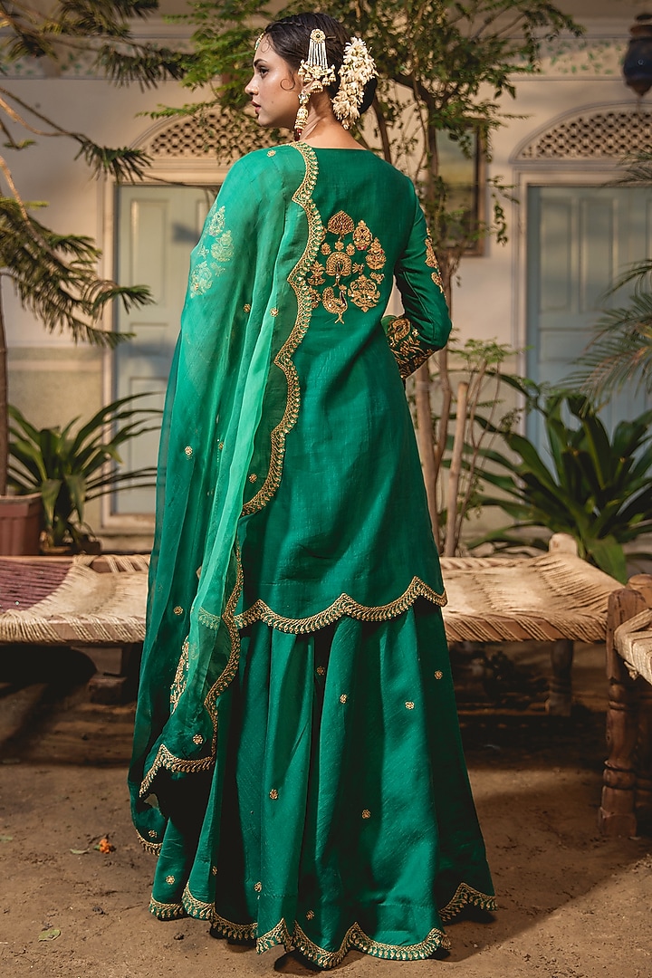 Emerald Green Pure Spun Silk Wedding Sharara Set by SURBHI SHAH at Pernia's Pop Up Shop