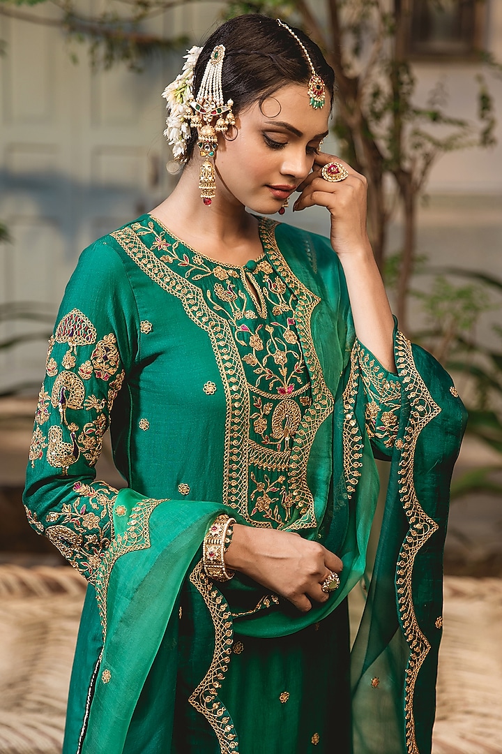Emerald Green Pure Spun Silk Wedding Sharara Set by SURBHI SHAH at Pernia's Pop Up Shop