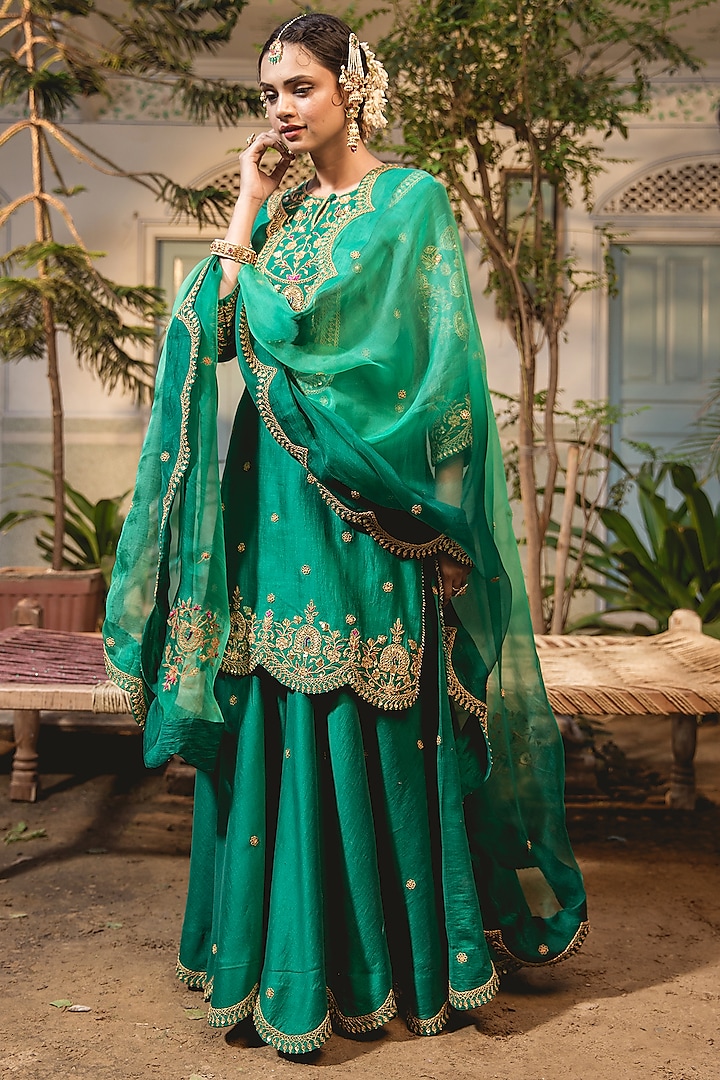 Emerald Green Pure Spun Silk Wedding Sharara Set by SURBHI SHAH at Pernia's Pop Up Shop