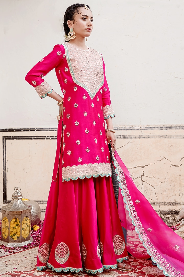 Strawberry Pink Spun Silk Embroidered Wedding Sharara Set by SURBHI SHAH at Pernia's Pop Up Shop