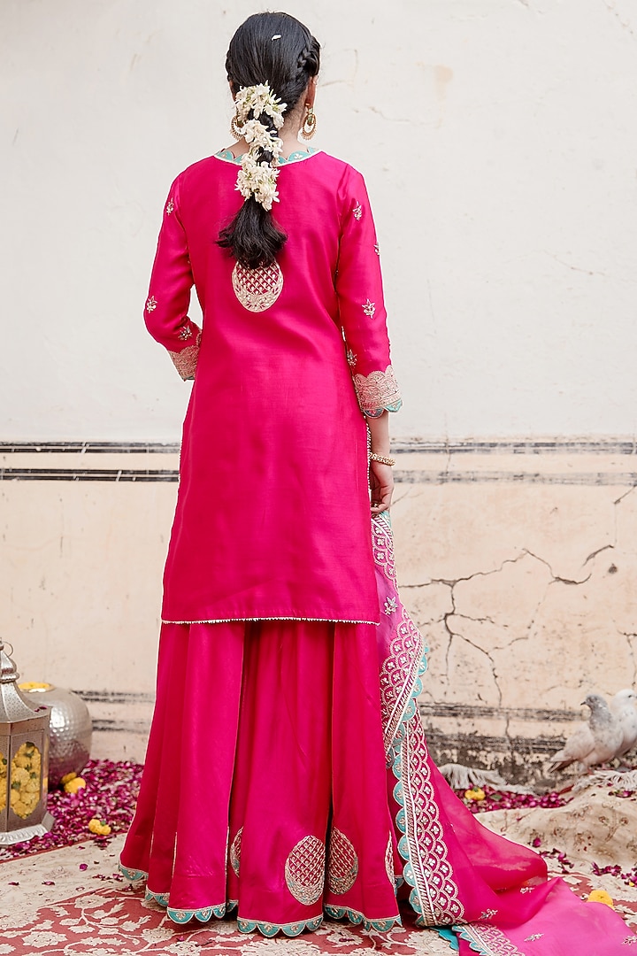 Strawberry Pink Spun Silk Embroidered Wedding Sharara Set by SURBHI SHAH at Pernia's Pop Up Shop
