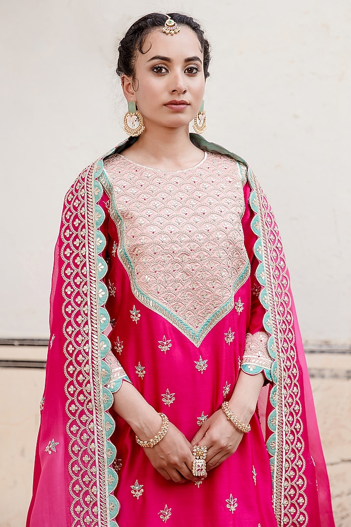 Strawberry Pink Spun Silk Embroidered Wedding Sharara Set by SURBHI SHAH at Pernia's Pop Up Shop