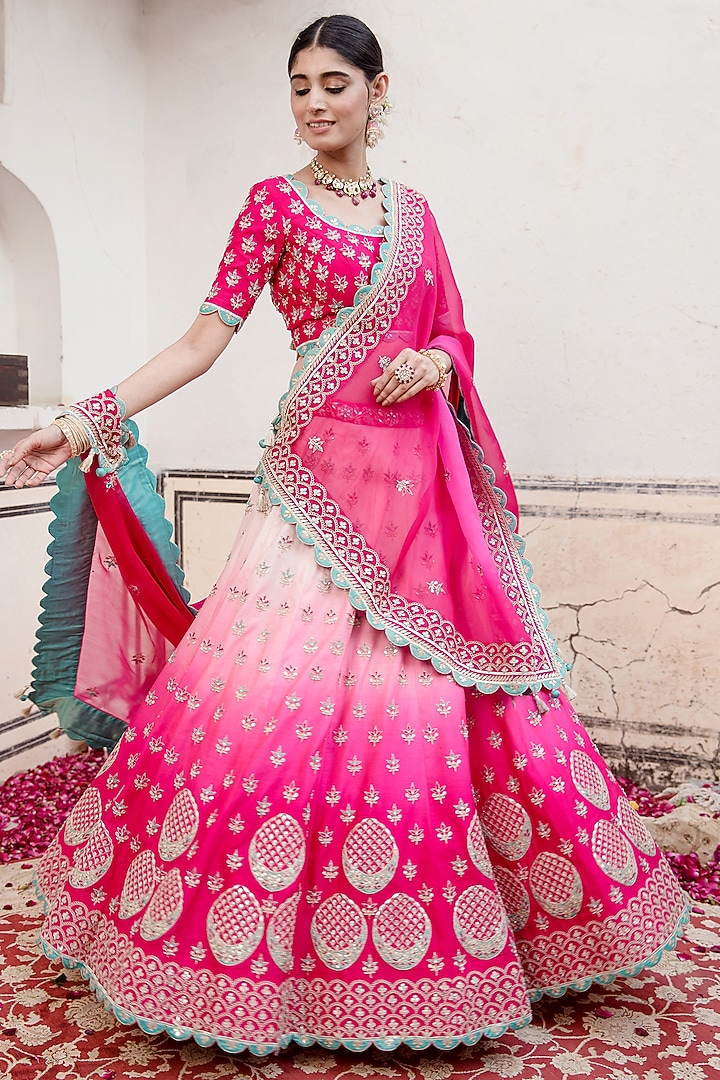 Strawberry Pink Spun Silk Embroidered Wedding Lehenga Set by SURBHI SHAH at Pernia's Pop Up Shop