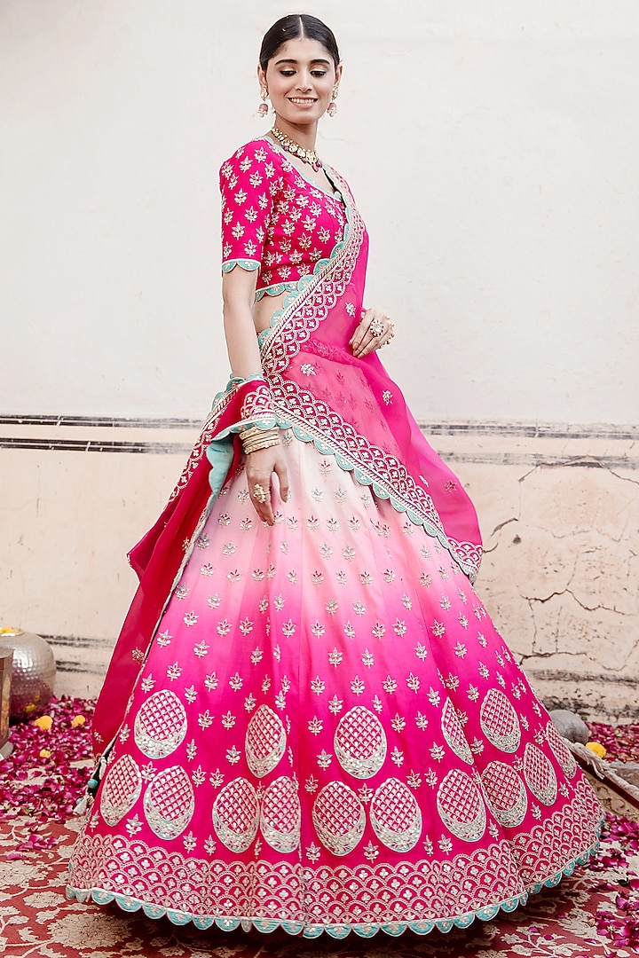 Strawberry Pink Spun Silk Embroidered Wedding Lehenga Set by SURBHI SHAH at Pernia's Pop Up Shop