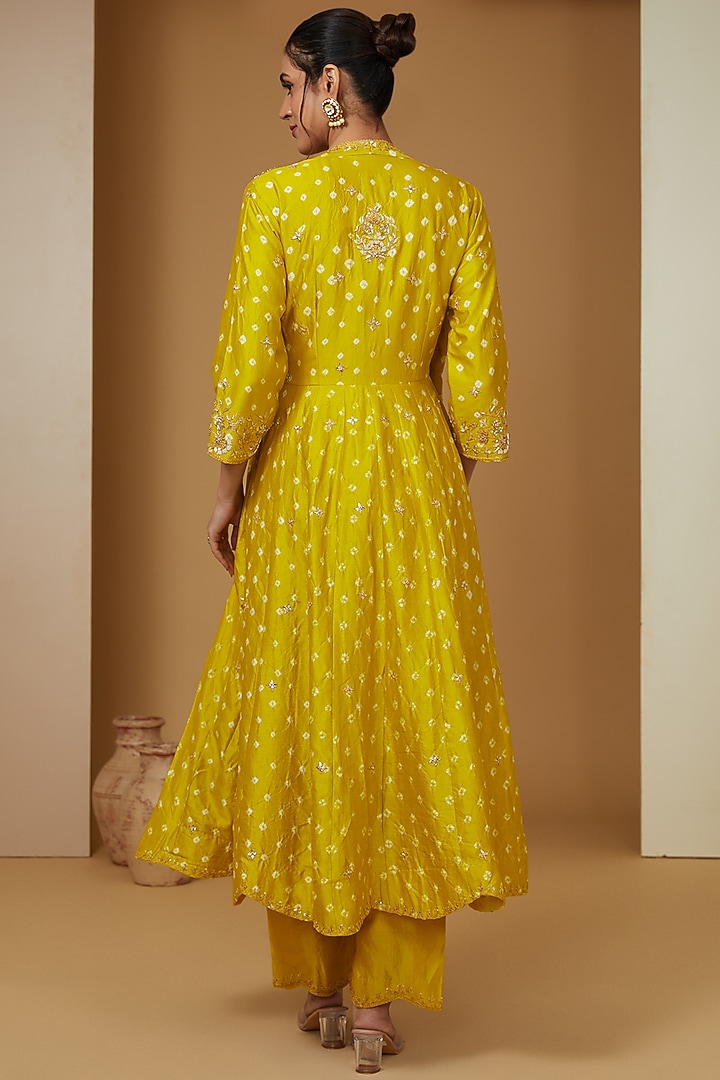 Yellow Pure Spun SIlk Hand Embroidered Angrakha Kurta Set by SURBHI SHAH at Pernia's Pop Up Shop