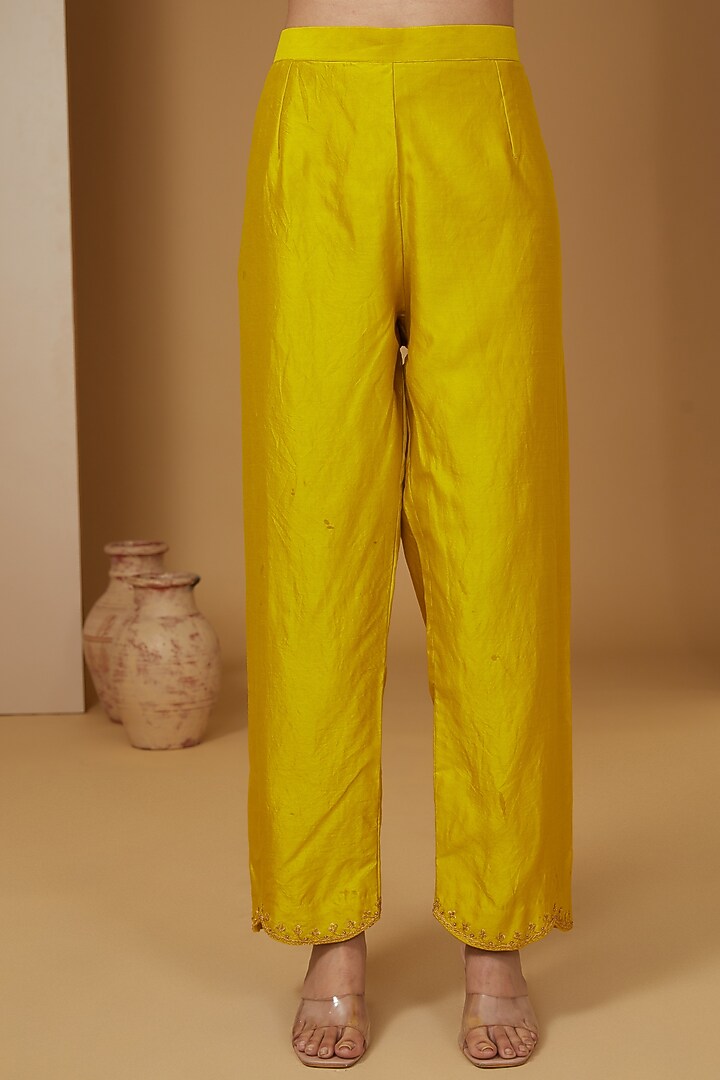 Yellow Pure Spun SIlk Hand Embroidered Angrakha Kurta Set by SURBHI SHAH at Pernia's Pop Up Shop