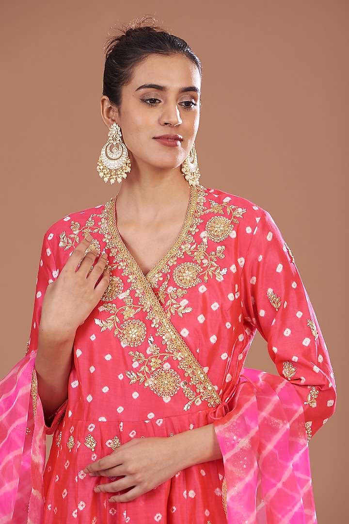 Tomato Red Pure Spun Silk Hand Embroidered Angrakha Set by SURBHI SHAH at Pernia's Pop Up Shop
