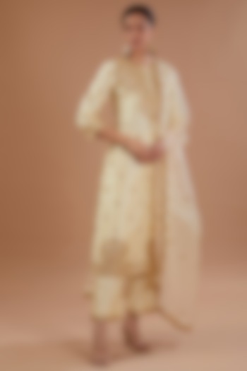 Ivory Pure Spun Silk Gota Embroidered Kurta Set by SURBHI SHAH at Pernia's Pop Up Shop