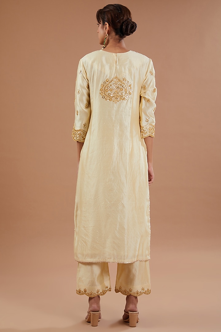 Ivory Pure Spun Silk Gota Embroidered Kurta Set by SURBHI SHAH at Pernia's Pop Up Shop