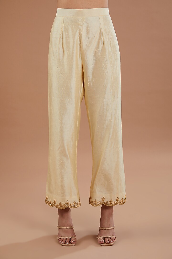Ivory Pure Spun Silk Gota Embroidered Kurta Set by SURBHI SHAH at Pernia's Pop Up Shop
