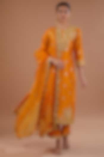 Orange Pure Spun Silk Gota Embroidered Kurta Set by SURBHI SHAH