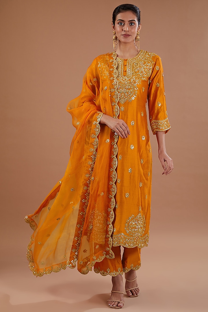 Orange Pure Spun Silk Gota Embroidered Kurta Set by SURBHI SHAH