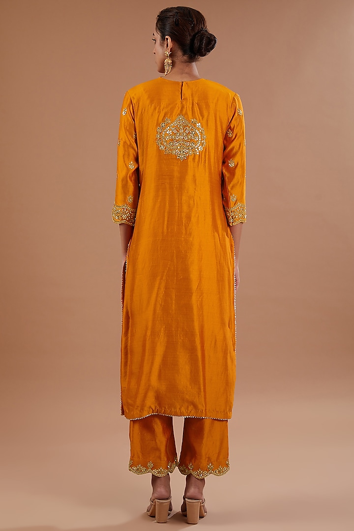 Orange Pure Spun Silk Gota Embroidered Kurta Set by SURBHI SHAH at Pernia's Pop Up Shop