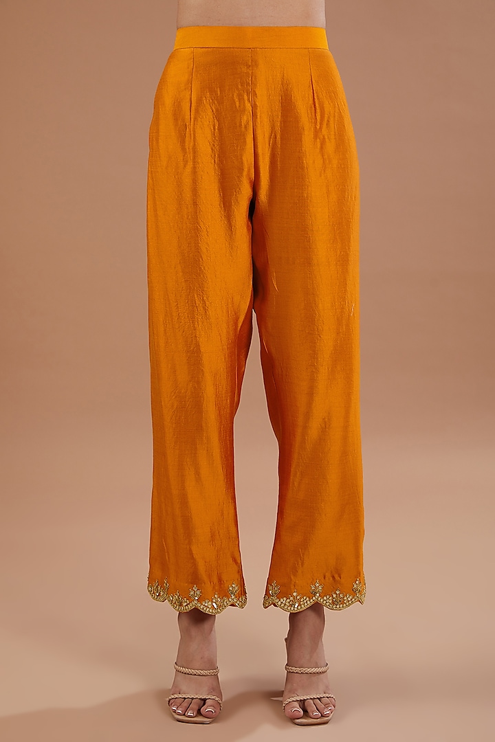 Orange Pure Spun Silk Gota Embroidered Kurta Set by SURBHI SHAH at Pernia's Pop Up Shop