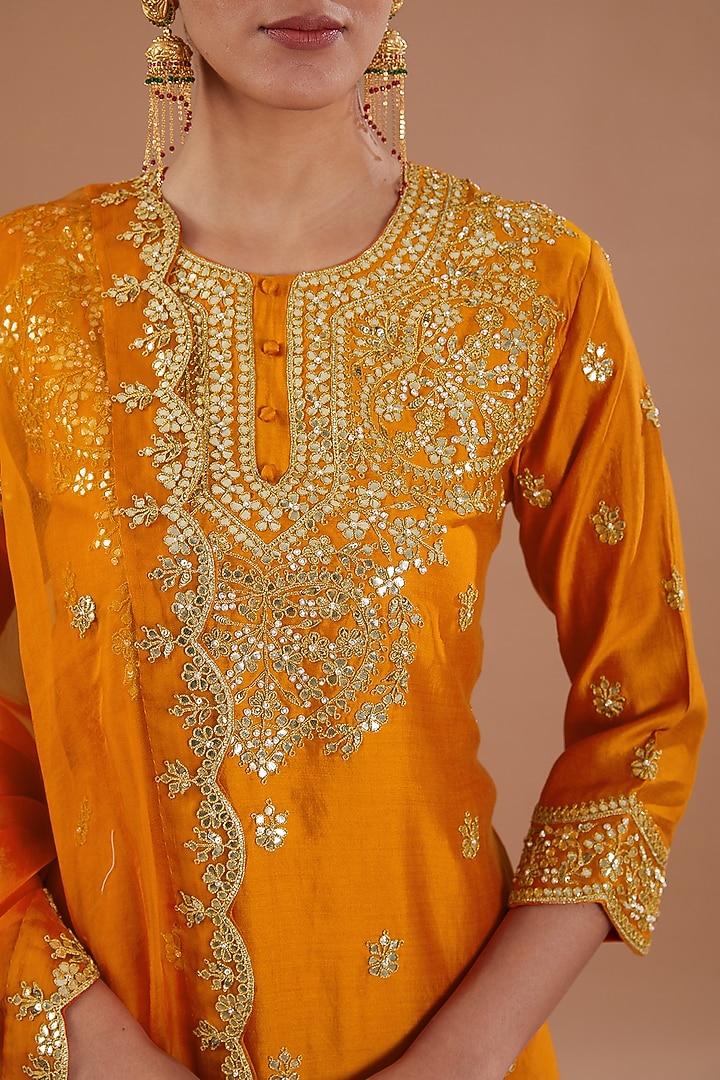 Orange Pure Spun Silk Gota Embroidered Kurta Set by SURBHI SHAH at Pernia's Pop Up Shop
