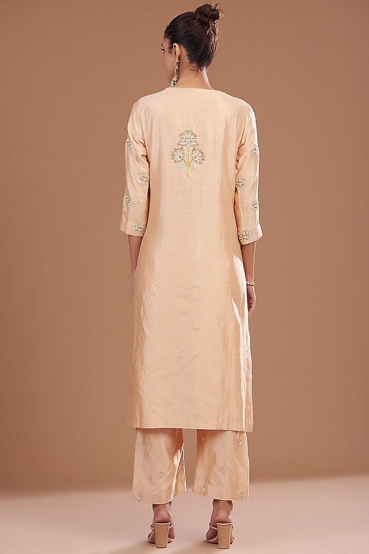 Beige Pure Spun Silk Dabka Embroidered Kurta Set by SURBHI SHAH at Pernia's Pop Up Shop