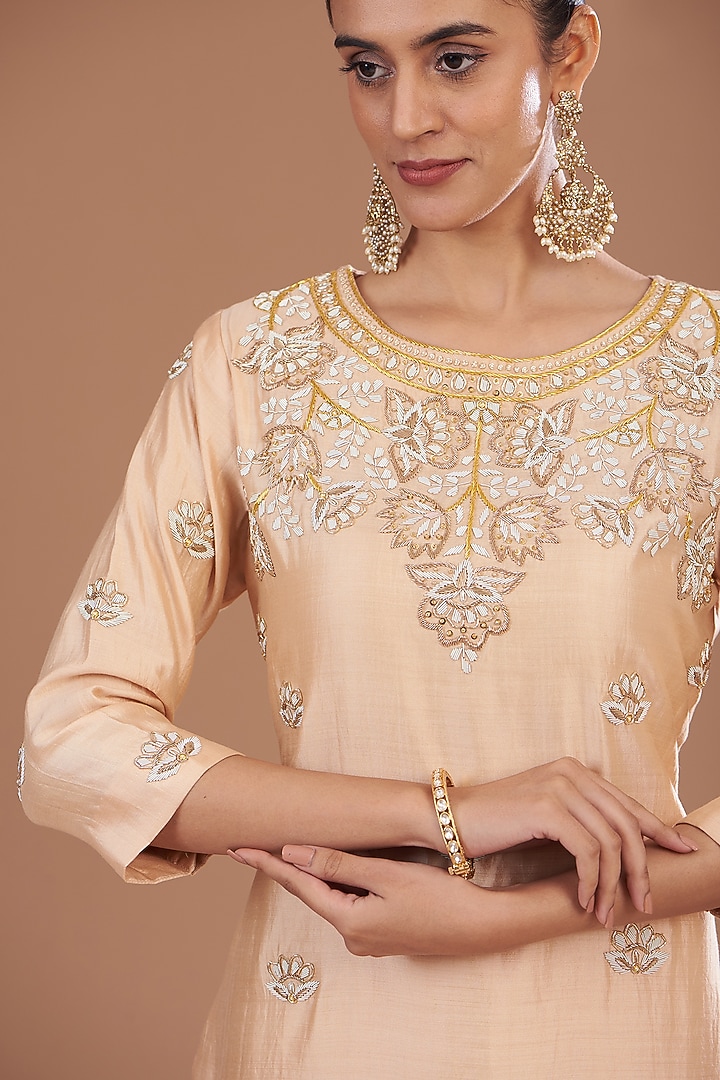 Beige Pure Spun Silk Dabka Embroidered Kurta Set by SURBHI SHAH at Pernia's Pop Up Shop