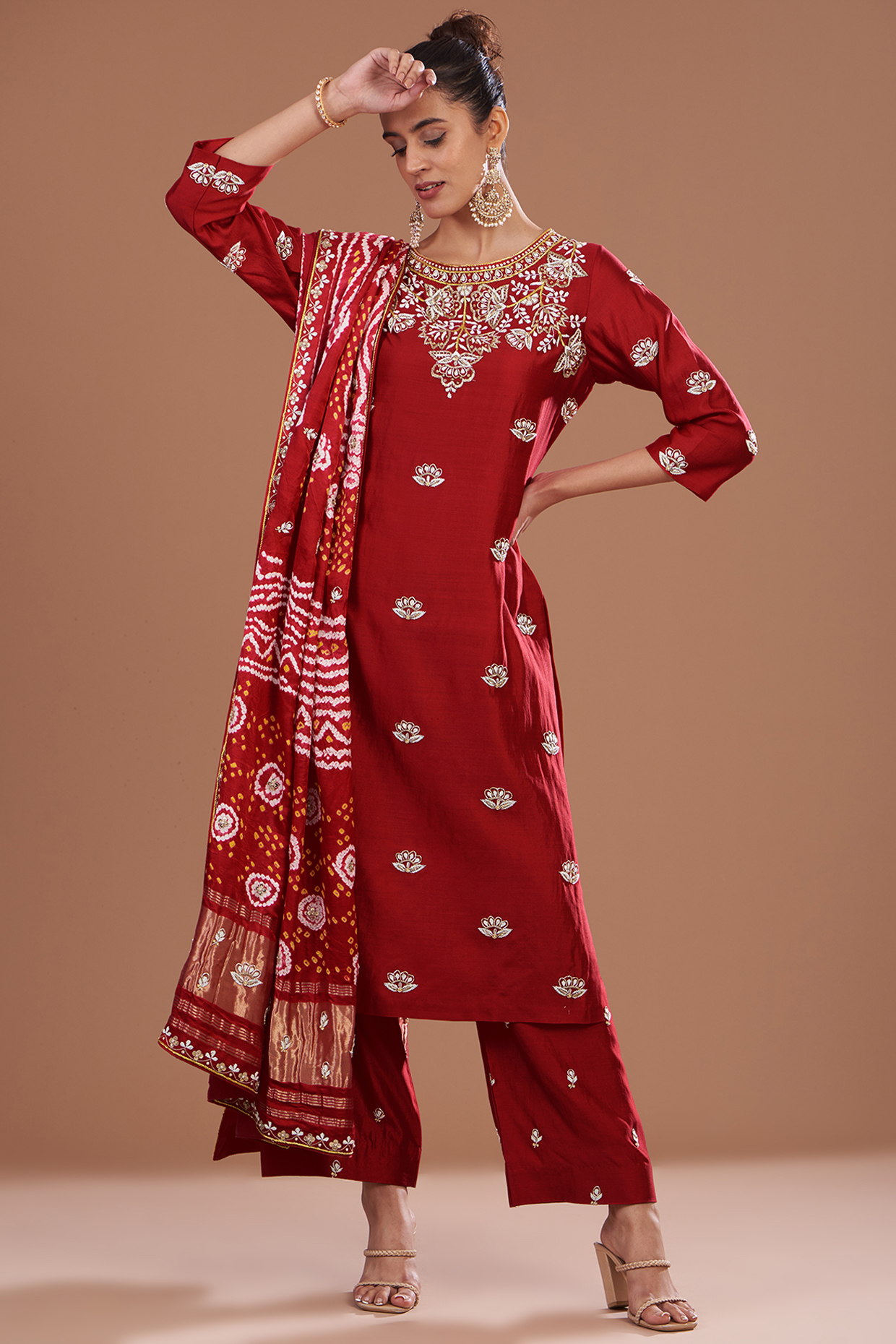 Red Pure Spun Silk Dabka Embroidered Kurta Set by SURBHI SHAH at Pernia's Pop Up Shop
