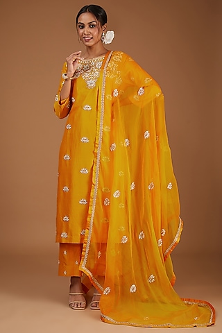 Mango Yellow Pure Spun Silk Embroidered Kurta Set by SURBHI SHAH